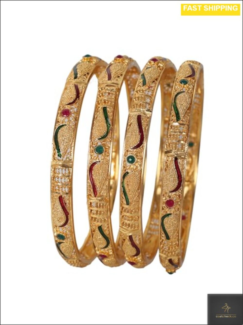 Gold Tone Conch Shell Faux Ruby Emerald Bangle Set of 4 XL